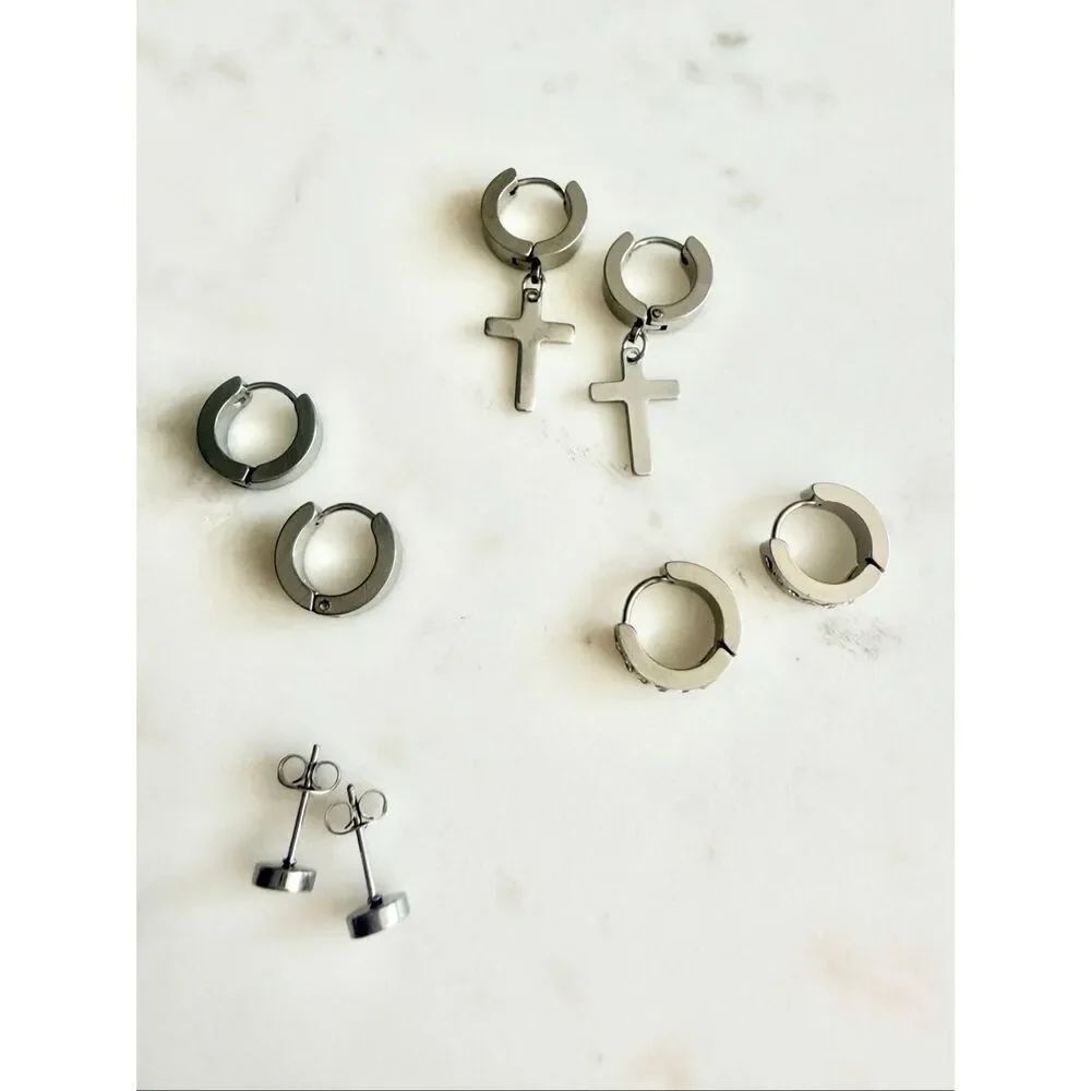 Men’s Stainless Steel Hoop Earring Set Cross Dangle Huggie Stud Silver Tone
